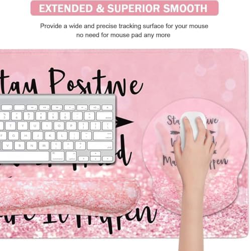 4-in-1 Gaming Mouse Pad Wrist Support Set，Desk Pad + Mouse Pad with Wrist Rest + Keyboard Wrist Rest + Coaster, Ergonomic Design for Home Office Study Game - Pink Stay Positive