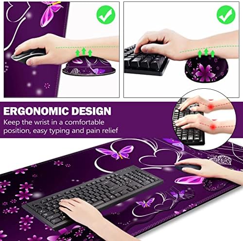 Upgraded Extended Gaming Mouse Pad, Keyboard Wrist Rest Pad, Wrist Support Mousepad Set, Artso Large Rubber Base Stitched Edges, Multifunctional Desk Pad (35 x15.5 in), Purple Heart Butterfly
