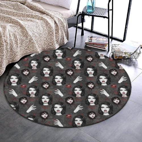 Fashion Round Area Rug Large Non Slip Carpet, Dark Fantasy Gothic Women Vampires Blood Face Unisex Home Decor Mat, 60inch
