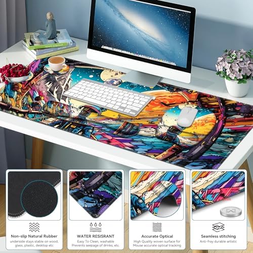 Large Anime Mouse Pad with Wrist Support 4 in1 Set, XXL Big Game Mousepad + Keyboard Wrist Rest+Mouse Wrist Rest Pad +Coaster Gaming Mat for Home Office Computer Boy Man I Strange Planet Space Scene