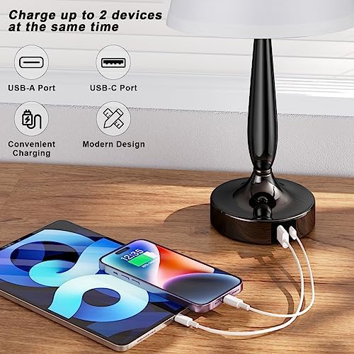 Kakanuo Touch Bedside Lamp for Bedroom with USB C Port, Small Touch Table Lamp with 2 USB Charging Ports, 3 Way Dimmable Nightstand Lamp for Living Room and Office - White (LED Bulb Included)