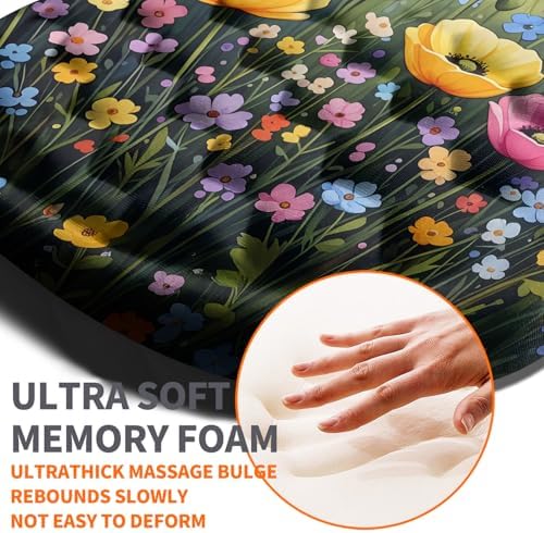 Ergonomic Joint Wrist Support Mouse Pad with Memory Foam Cushion Massage Bump, Carpal Tunnel Pain Relief Mousepad Slope Design for Wrist Rest, 11.8x7.9 in, Wild Flower