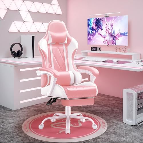 Shahoo Gaming Chair with Footrest and Massage Lumbar Support, Ergonomic Office Computer Seat Height Adjustable with Headrest, Pink