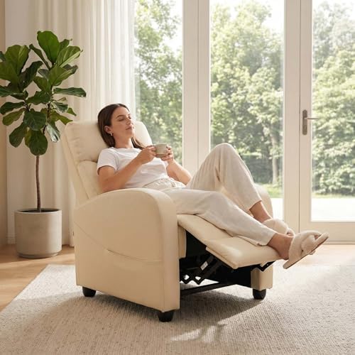 Sweetcrispy Recliner Chair Fabric Recliner Sofa No Massage, Home Theater Seating with Lumbar Support, Adjustable Push Back Overstuffed High-Density Sponge Reclining for Living Room, Beige