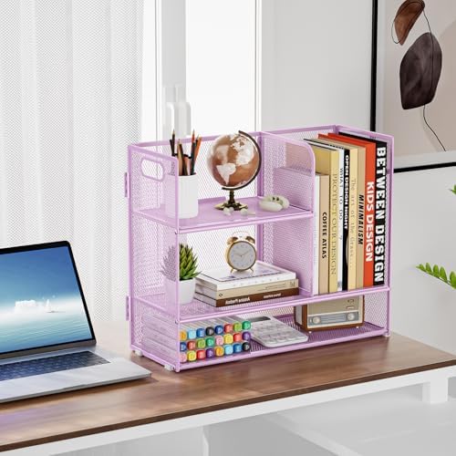 Marbrasse Desk Shelf Organizer with Handle, Bookshelf File Holder, Purple