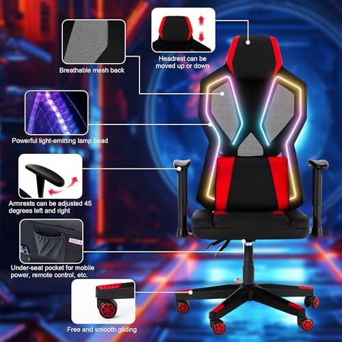 Frassie Gaming Chair with RGB LED Lights, Video Game Chair Ergonomic Computer Gamer Chair with Massage Lumbar Support (Red)