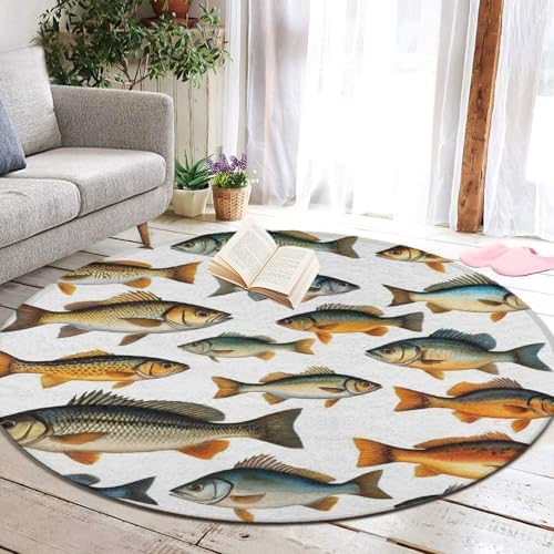 Soft Round Yoga Carpet, Office Chair Decor Round Mat for Carpet and Hardwood Floors Watercolor Few Freshwater Cartilaginous Fish Marine Life