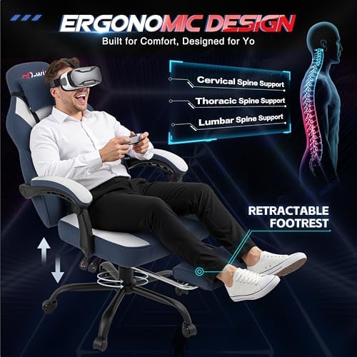 DL-win Video Gaming Chair for Adults, Computer Chair with Footrest and Ergonomic High Back, Big and Tall Gamer Chair with Massage Lumbar Support (Light Blue Fabric)