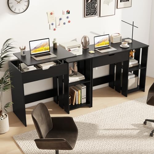 Tangkula Computer Desk with Lift Top, Space Saving Standing Desk with Hidden Compartment and Open Storage Shelves, Study Writing Desk with Lifting Mechanism, Black
