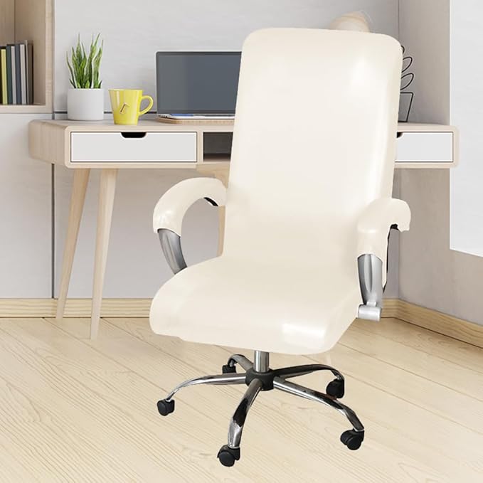 ITFRO Waterproof Office Chair Cover with Armrest Covers PU Leather Computer Desk Chair Cover with Zipper Universal Rotating Gaming Chair Slipcover High Back Chair Seat Protector (Cream White)