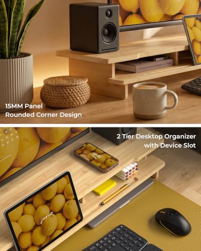 42.5” Dual Monitor Stand with Phone & Tablet Holder Desk Shelf