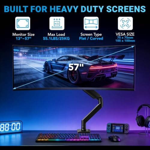 Heavy Ergonomic Single Monitor Arm Desk Mount for up to 57"Screens