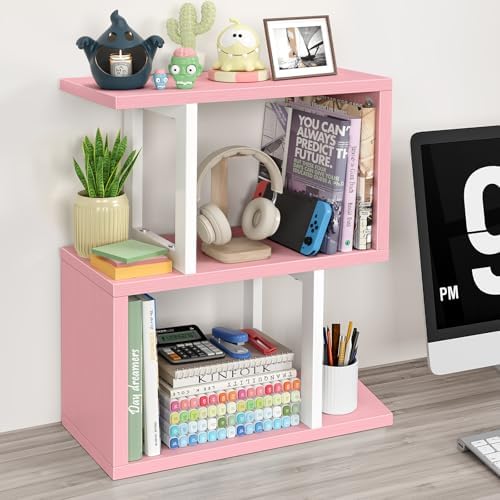 Desktop Bookshelf for Top of Desk Shelf - Pink Book Organizer 3-Tier Shelves Storage Small Bookcase Hutch for Dorm Office College