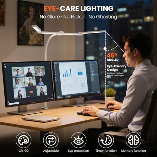 LED Desk Lamp for Office Home, Adjustable 3 Head Desk Light with Adapter