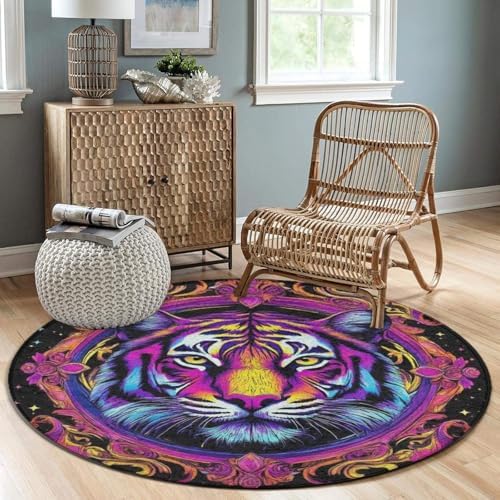 Large Round Area Rug Home Decor Modern Bathroom Rug Kitchen Office Circle Rug for Living Room Sofa Circle Cute Mat Magical Animal King Tiger Art, 60inch