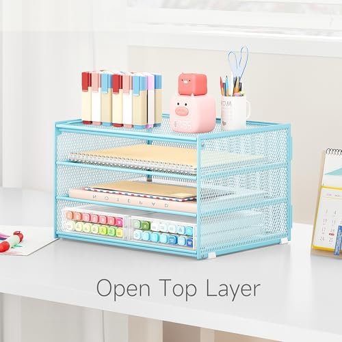 Lavatino 3-Tier Letter Tray Desk Paper Organizer – Blue Mesh Metal File Tray Organizer for Desk, Office Supplies & Home Organization | Fits A4/Letter Paper, Mail, Magazines and Office Accessories