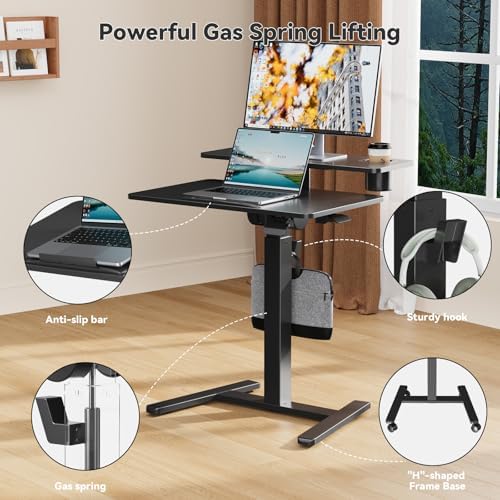 28" Mobile Standing Desk, Tiltable Top with 2-Tier Shelves, Black