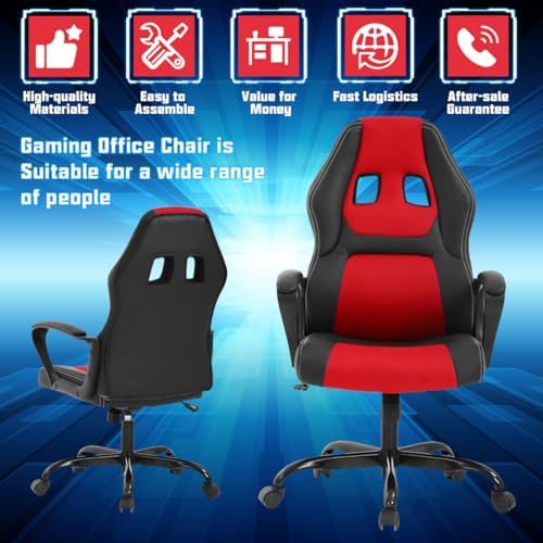 Gaming Chair PC Computer Chair Office Chair for Adult Teen Kids, Ergonomic PU Leather Gamer Chair with Lumbar Support High Back Adjustable Rolling Swivel Desk Chair, Red