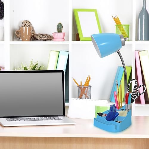 Simple Designs LD1093-BLU 18.5" All-in-One Gooseneck Desk Lamp with iPad Stand, Book Holder, and Convenient USB Port, for Office, Bedroom, Living Room, Blue
