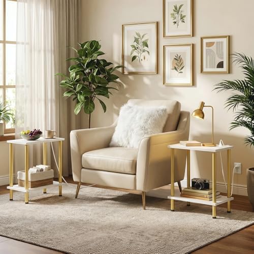 HOOBRO Side Table with Charging Station, Set of 2 End Tables with USB Port and Outlets, Nightstand with 2-Layer Storage Shelves for Small Spaces, Living Room, Bedroom, White and Gold DW09UBZP201