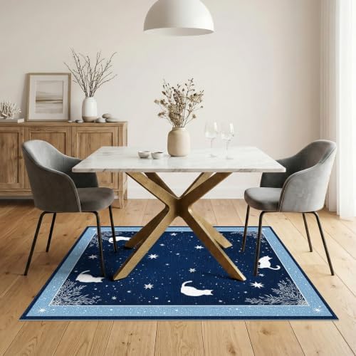 5'x7' Midnight Blue Cat Starry Design Washable Area Rug