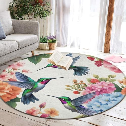 Women's Large Home Decor Mat, Soft Round Yoga Carpet, Non Slip Machine Washable Home Office Circle Rug Bird Colorful Flowers Hummingbirds Floral
