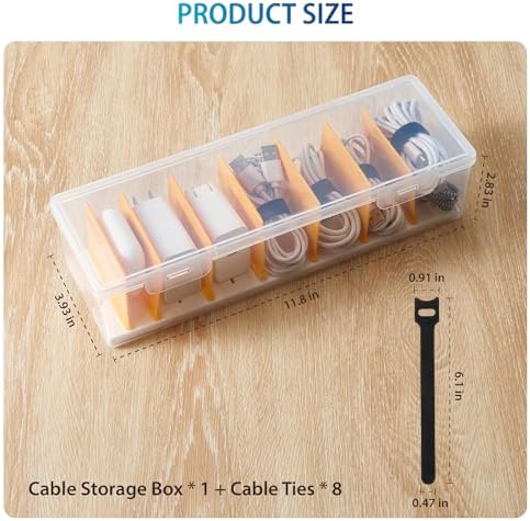 Cable Organizer Storage Box with 8 Cable Ties, Clear Phone Charger Organizer Case Wire Organizers for Cords Electronic Storage Box for Drawer Desk Office Home (1 Pack)