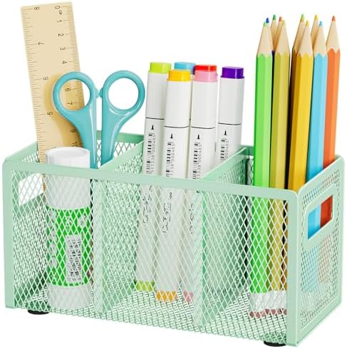 Marbrasse Mesh Pen Holder for Desk, Pencil Holder Desk Organizer 3 Adjustable Compartments, Pencil Cup with Handle Perfect for Classroom, Office, Home, Makeup, Art (Green)