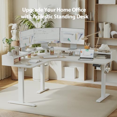 Agilestic L Shaped Standing Desk with Monitor Shelf, 63 Inch, White