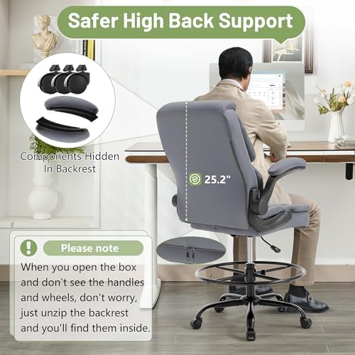 500LBS Drafting Chair, High Back Safer Standing Desk Chair, Executive Tall Office Chair with Flip-up Armrests, Upholstered PU Leather Task Chair, Ergonomic Seat with Adjustable Height&Foot Ring, Grey