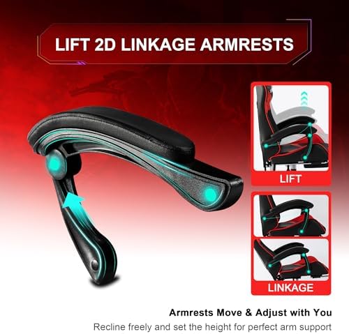 Ergonomic Gaming Chair, High Back PU Leather Office Chair with Footrest, Adjustable Lumbar Support & Headrest, 360° Swivel Computer Chair for Adults, Red & Black