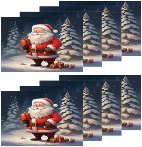 Shrahala Christmas New Year Set of 8 12 X 18 Inch Linen Placemats, Santa Claus Snow Presents Christmas Trees Burlap Table Mat Washable Double Layered Heat Insulation for Indoor