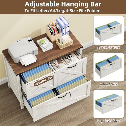 Halitaa Farmhouse Lateral File Cabinet with 3 Drawers, White and Brown