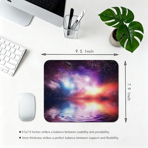 9.5x7.9 Inch Office/Gaming Mouse Pad, Vibrant Cosmic Nebula Dreamy Rainbow Galaxy Reflection on Water, Cute Anti-Slip Mat for Desk Decor