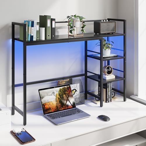 HavenlyYouth Desk Shelf with LED Light Strip, 3-Tier Storage Desktop Organizer Shelf, 38.6" Wood Desktop Bookshelf for Computer Monitor, Desk Hutch for Home Office Dorm, Black