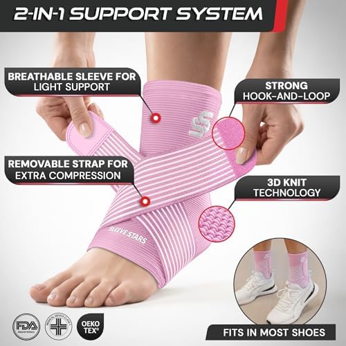 Sleeve Stars Ankle Support for Ligament Damage & Sprained Ankle, Plantar Fasciitis Support & Achilles Tendonitis Pain Relief, Ankle Brace for Women & Men w/Compression Ankle Strap (Single/Baby Pink)