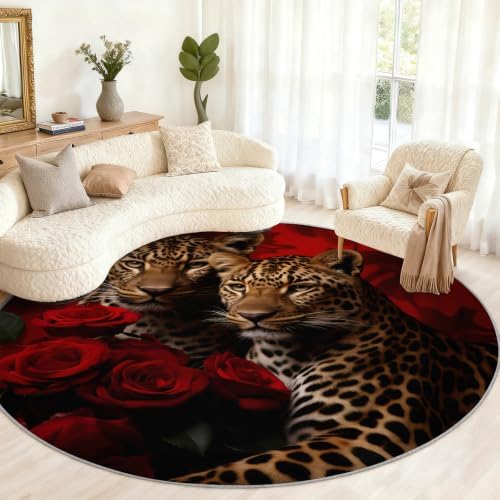 Leopard Round Area Rug - 2.6ft Washable Cheetah Print Round Rug for Kitchen, Animal Floral Circle Rugs Soft Non-Slip Carpet for Bathroom Entryway Decor Mat