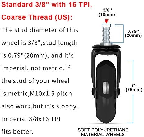 8T8 Upgraded Chair Caster Wheels 3'', Quiet and Smooth Rolling,Heavy Duty Wheels with Threaded Stem 3/8''-16x1(Not Metric M10), Safe for Hardwood Tile Carpet Floors, Set of 5