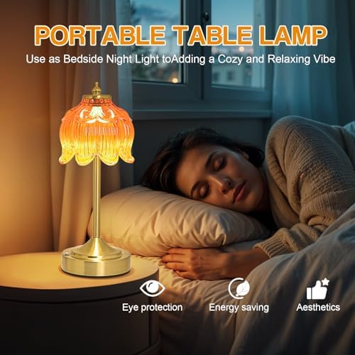 Cordless Table Lamp, Rechargeable Honey Glass Lotus Flower Lamp