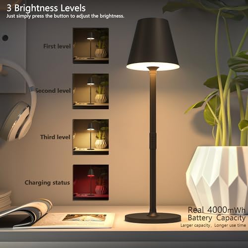 Timjorman Modern LED Cordless Table Lamp, 4000mAh Rechargeable Battery, 3 Level Brightness Night Light, Metal Shell, Minimalist Design, for Couples Dinner/Coffee Table/Restaurant/Bedroom, Khaki