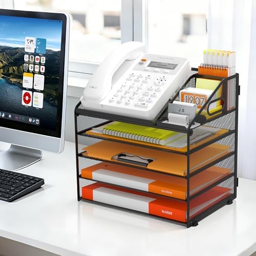 DocNest 5 Tier Metal Mesh Desk File Organizer with Phone Shelf, Black