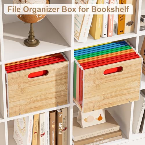 Sbanmao 2 Pack Hanging File Organizer, Clear Acrylic File Box Organizer, Bamboo Filing Box File Crate Storage Boxes, Portable Filing Organizer with Handle for Letter Size