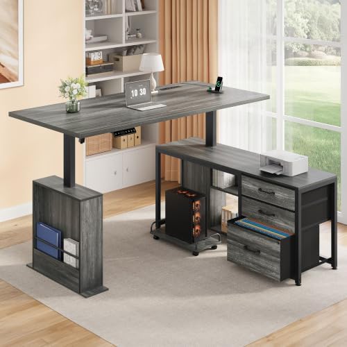 63'' L Shaped Desk with 3 Drawers Electric Standing Desks Grey