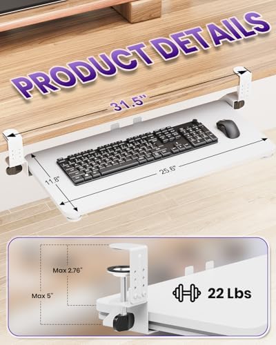 Ergonomic Keyboard Tray Under Desk, 25.6x11.8 Inch Board, White