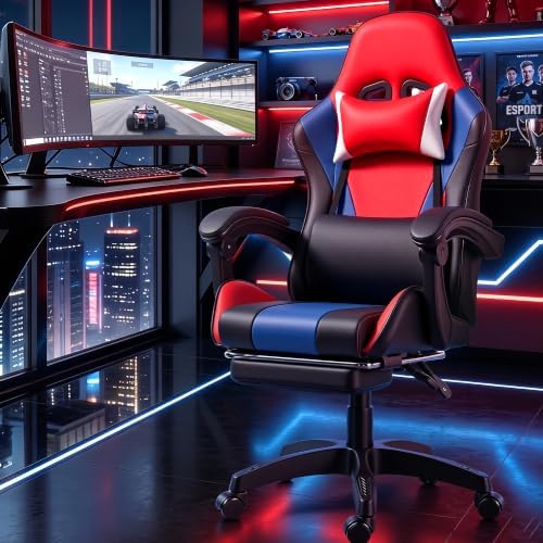 J.M.-Deco Gaming Chair Office Chair-Big and Tall Office Ergonomic Chair with Foot Rest - Comfy Desk Chair with Lumbar Support,Black and Red