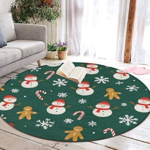 Fashion Round Area Rug Large Non Slip Carpet Unisex Home Decor Mat Christmas Gingerbread Snowman Green