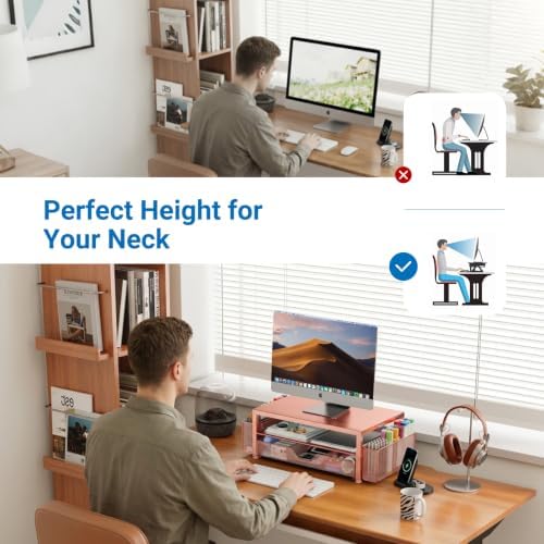 OPNICE Desk Organizers and Accessories, Computer Monitor Stand Riser with Drawer and 2 Pen Holders, Printer & Laptop Stand, Office Desk Accessories & Workspace Organizers for Home Office Supplies, Rose Gold