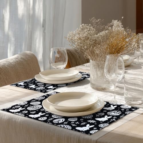 Shrahala Easter Eggs Rabbits Set of 8 12 X 18 Inch Linen Placemats, Black White with Eggs Rabbits Burlap Table Mat Washable Double Layered Heat Insulation for Indoor/Outdoor