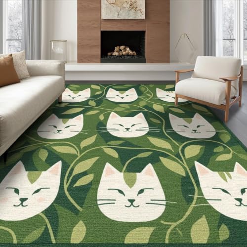 8'x10' Green Cat Forest Faces Interlinked by Washable Area Rug