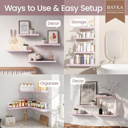 BAYKA Wall Mounted Floating Shelves (Pastel Pink, Set of 4, 16" Mixed)